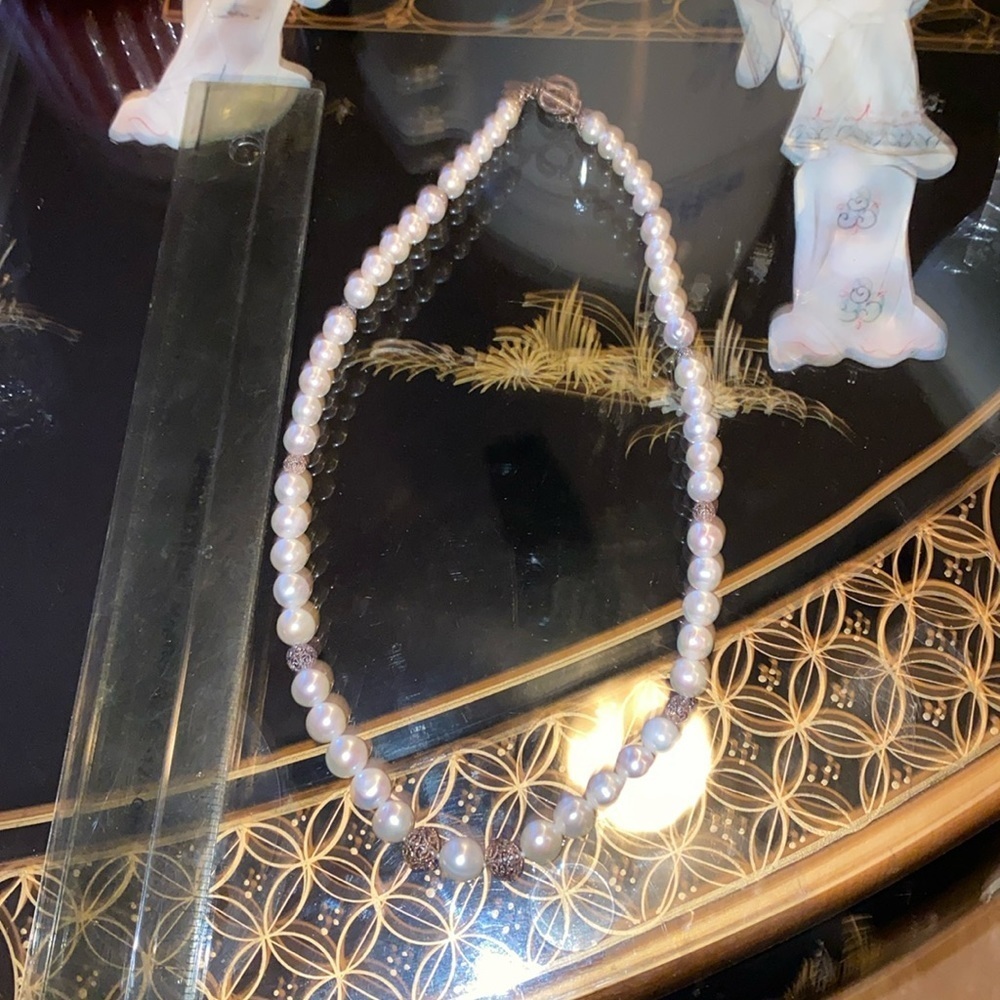Vintage BJ 925 China artisan crafted sterling silver pearl bead necklace